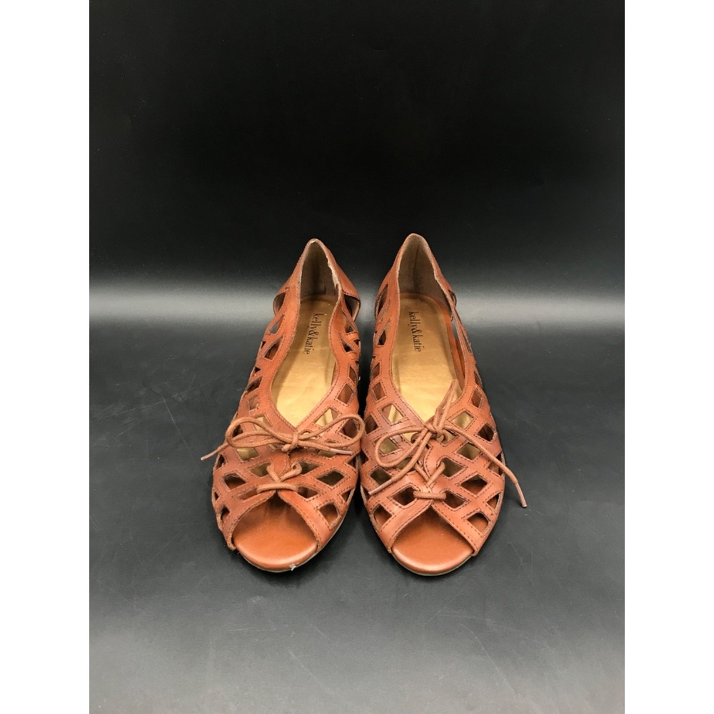 Kelly & Katie Brown Lattice Brick Leather Cutout Open Toe Flats Women's Size 9